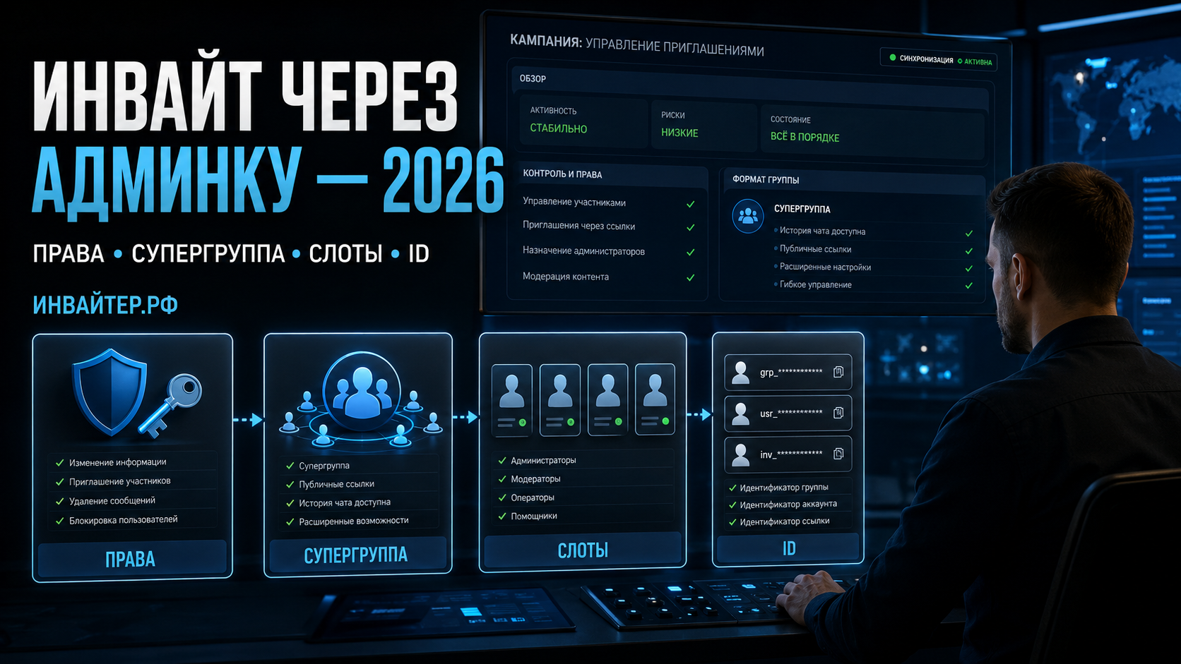 Инвайт через админку 2026: права, супергруппа, слоты и идентификаторы